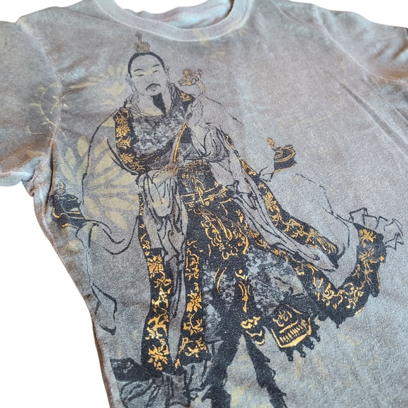 Sinful by Affliction Women’s Graphic Tee Gray Gold Foil Buckle Shirt Medium - Picture 1 of 8